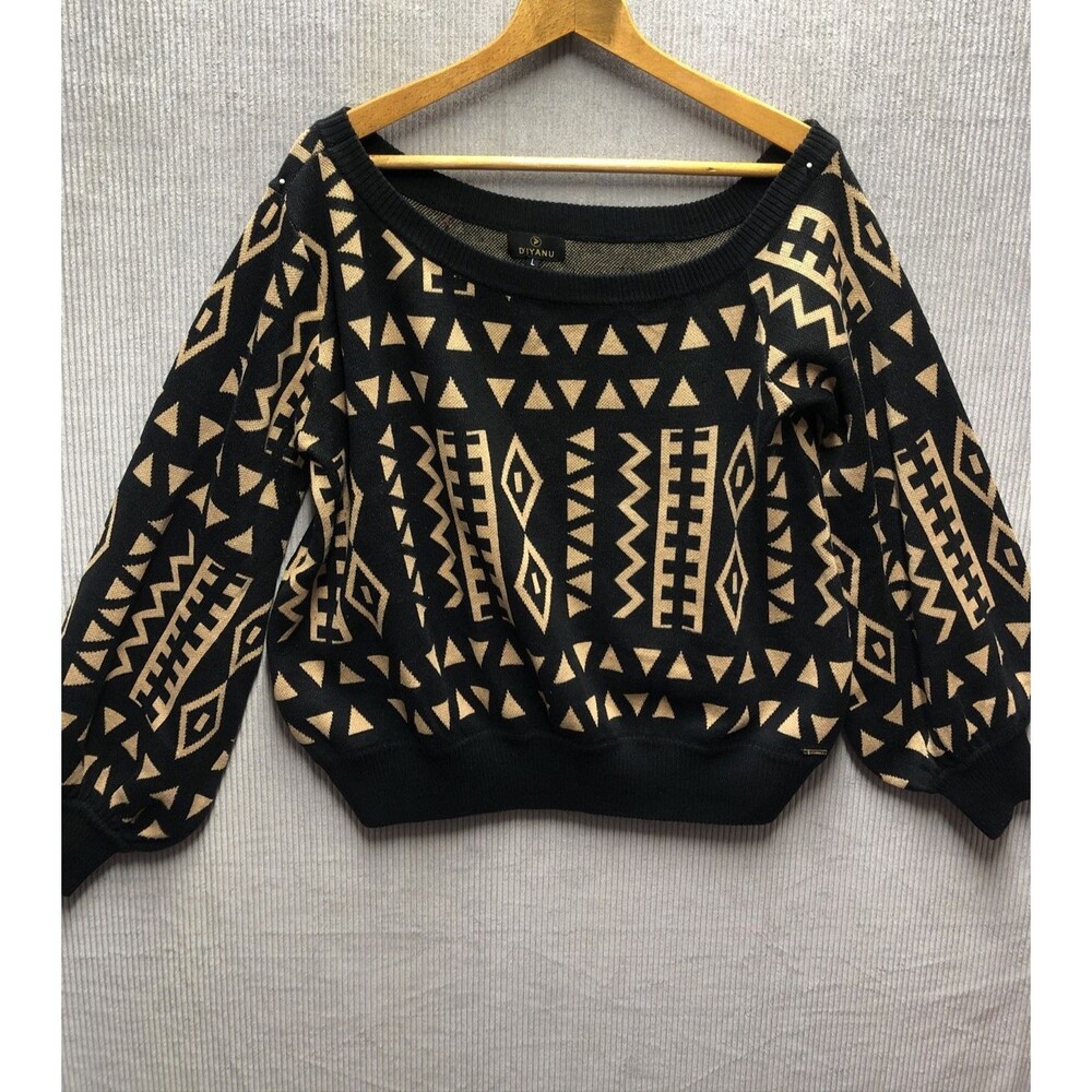 Di'Yanu Sweater Womens L Black Tan Off Shoulder Mudcloth Afro Boho Statement